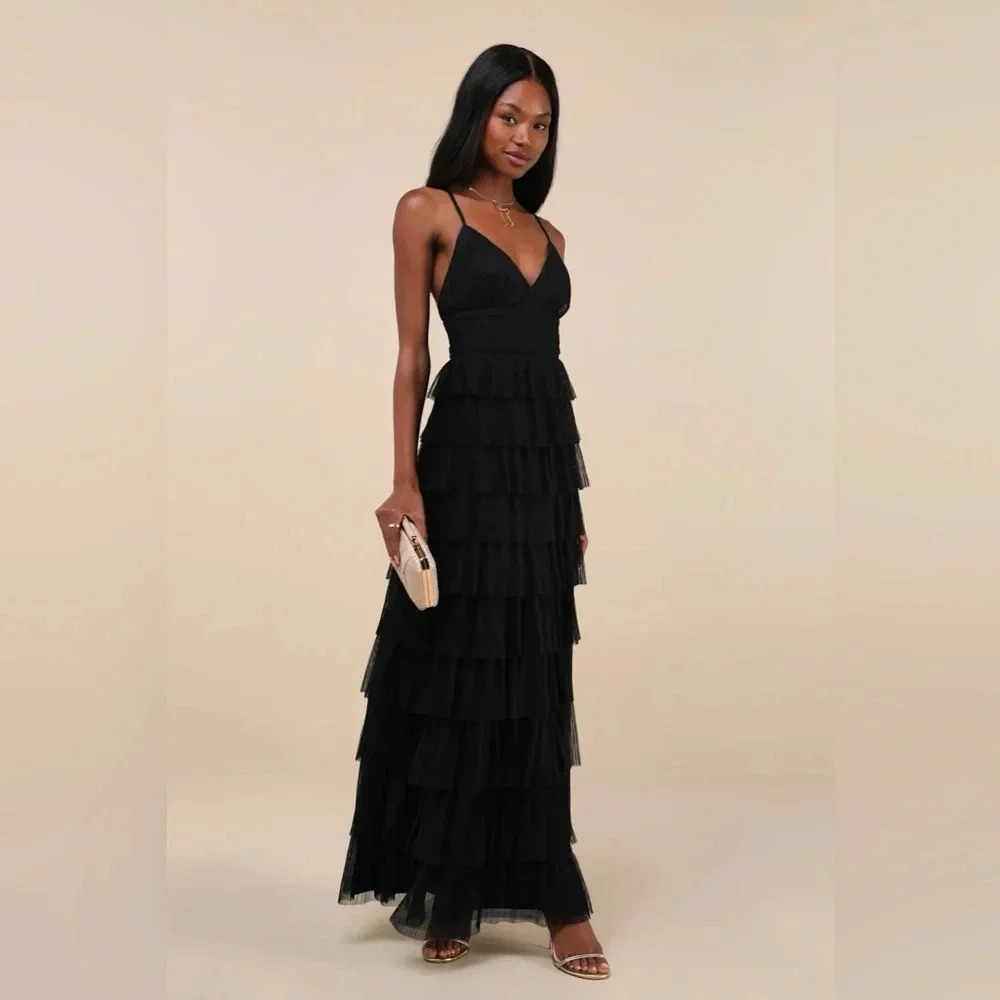 NWOT Lulus Radiant‎ Event Black Mesh Tiered Pleated Backless Maxi Dress - Picture 3 of 9